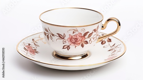  a cup and saucer with a gold rim and pink flowers. generative ai