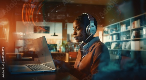 An Employee in the Office Wearing Headphones, Diligently Checking a Video Call on Their Laptop Screen, Prioritizing Clear Communication and Remote Collaboration