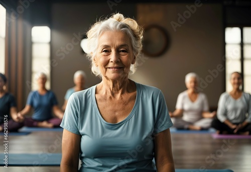 Portrait of beautiful elderly woman enyojing at yoga class, healthy lifestyle concept, active seniors background  photo