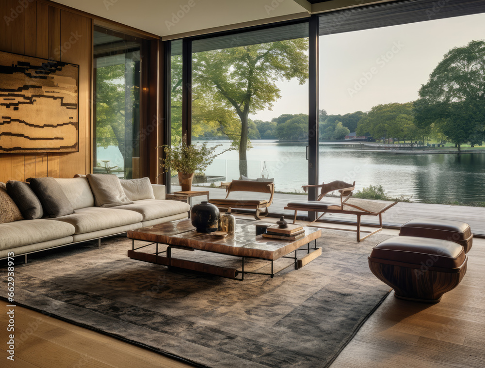 Large Glass Windows Embracing a View of the Water, Infused with the Style of Metallic Accents, Dark White and Beige Tones, Inspired by Theodore Rousseau, Evoking Lively and Energet Large Glass Windows Embracing a View of the Water, Infused with the Style of Metallic Accents, Dark White and Beige Tones, Inspired by Theodore Rousseau, Evoking Lively and Energet