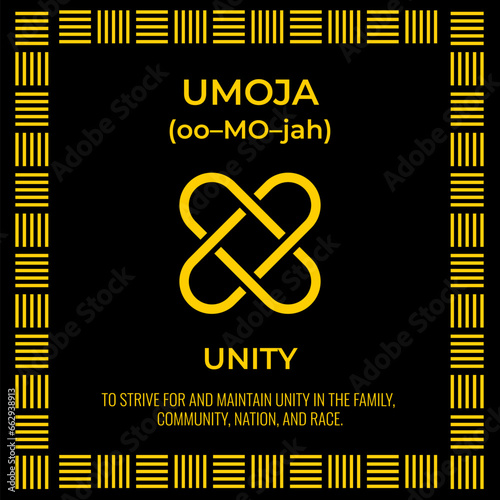 The Seven Principles of Kwanzaa sign. First day of Kwanzaa Unity or Umoja. African American Holidays. Vector template for typography poster, banner, postcard, greeting card, flyer, etc.