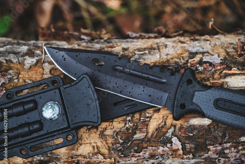Εκτύπωση καμβά Black tourist and military survival knife lies forest on fallen tree trunk