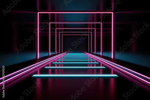 An empty tunnel backdrop with square pink and blue neon light strip tubes reflecting on the floor