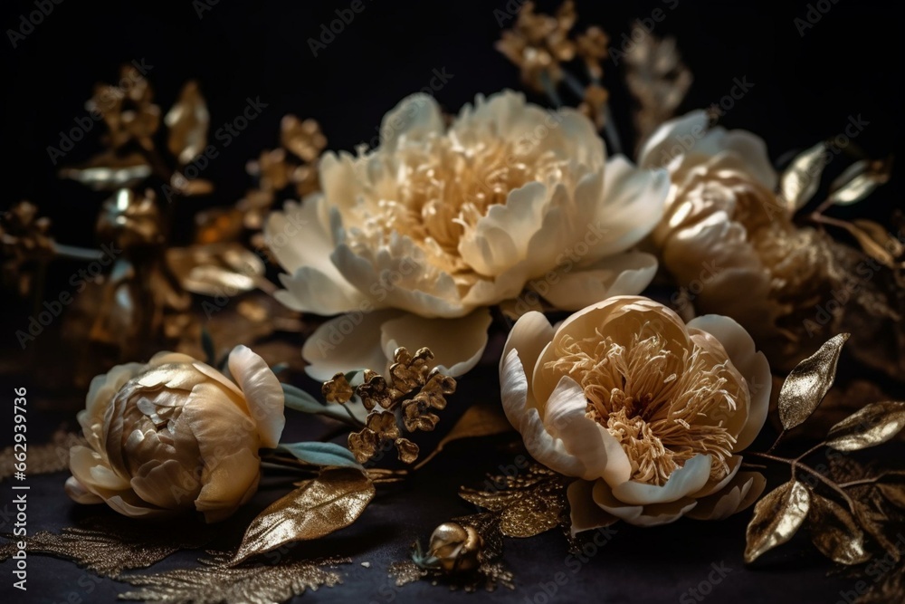 A bouquet of light peony flowers with delicate and elegant elements of gold. Generative AI