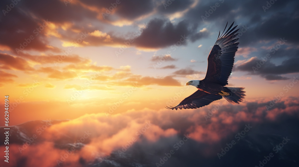 Flying eagle on beautiful sunset sky background - Bird of prey Stock ...