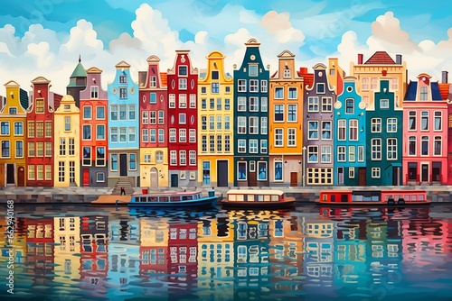 Cityscape showcasing Amsterdam's canal houses. Generative AI