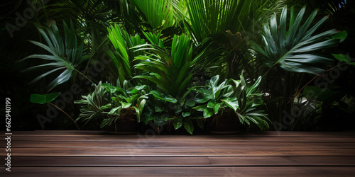 Smooth wooden surface against a background of tropical leaves.