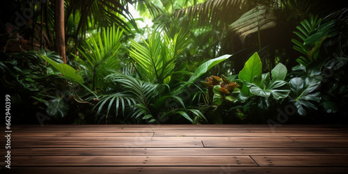 Smooth wooden surface against a background of tropical leaves.