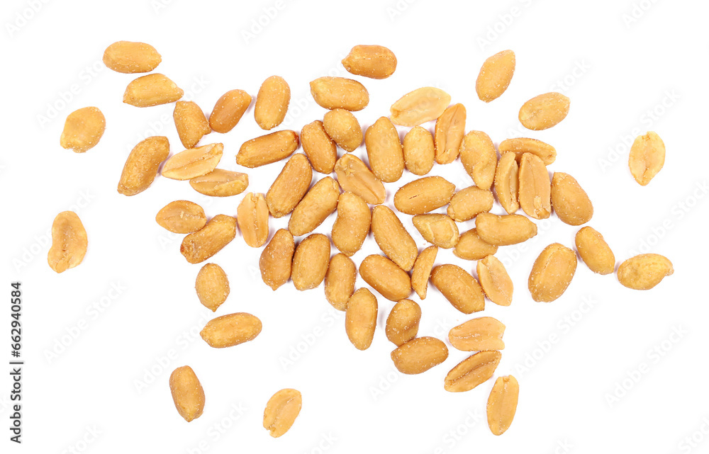 Roasted and salted peanuts pile isolated on white background, top view Roasted and salted peanuts pile isolated on white background, top view