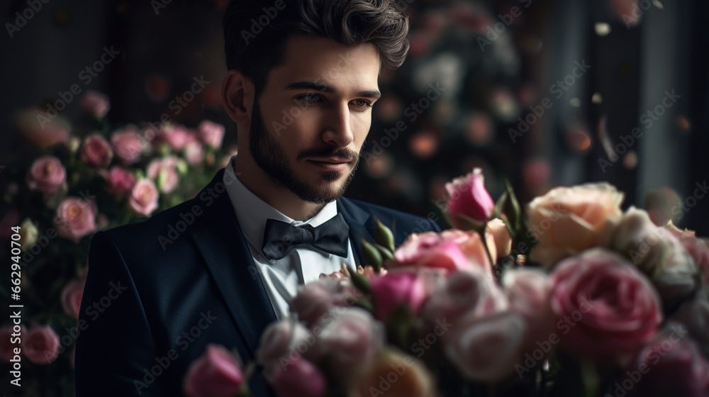groom holding a bouquet behind his back groom holding a bouquet behind his back