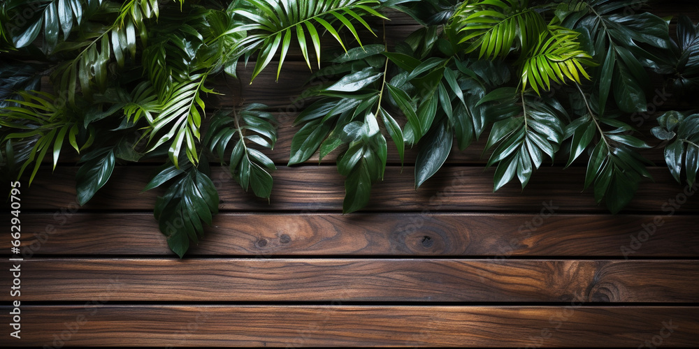 Smooth wooden surface against a background of tropical leaves. Smooth wooden surface against a background of tropical leaves.