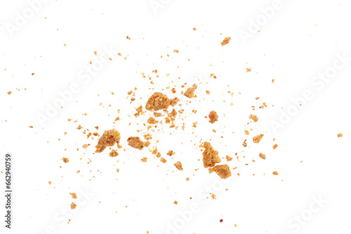 Leinwand Poster Pile cake crumbs, cookie flying isolated on white, clipping path