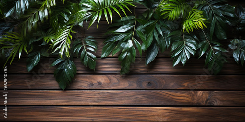 Smooth wooden surface against a background of tropical leaves.