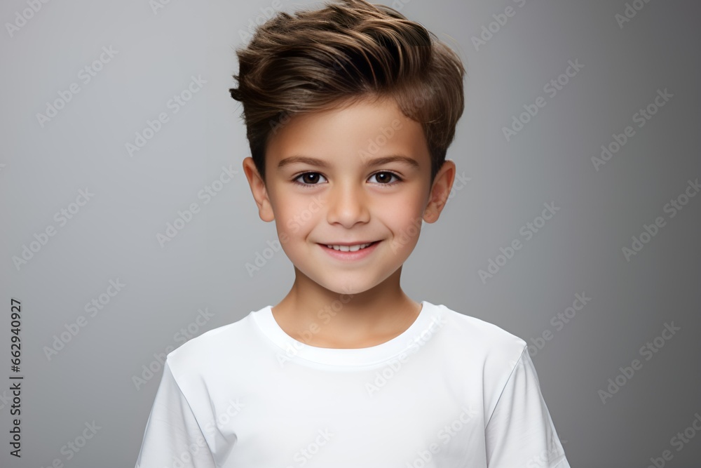 Close-Up Portrait of a Fictional Young Child Smiling Candidly. Isolated on a plain colored background. Generative AI. Close-Up Portrait of a Fictional Young Child Smiling Candidly. Isolated on a plain colored background. Generative AI.