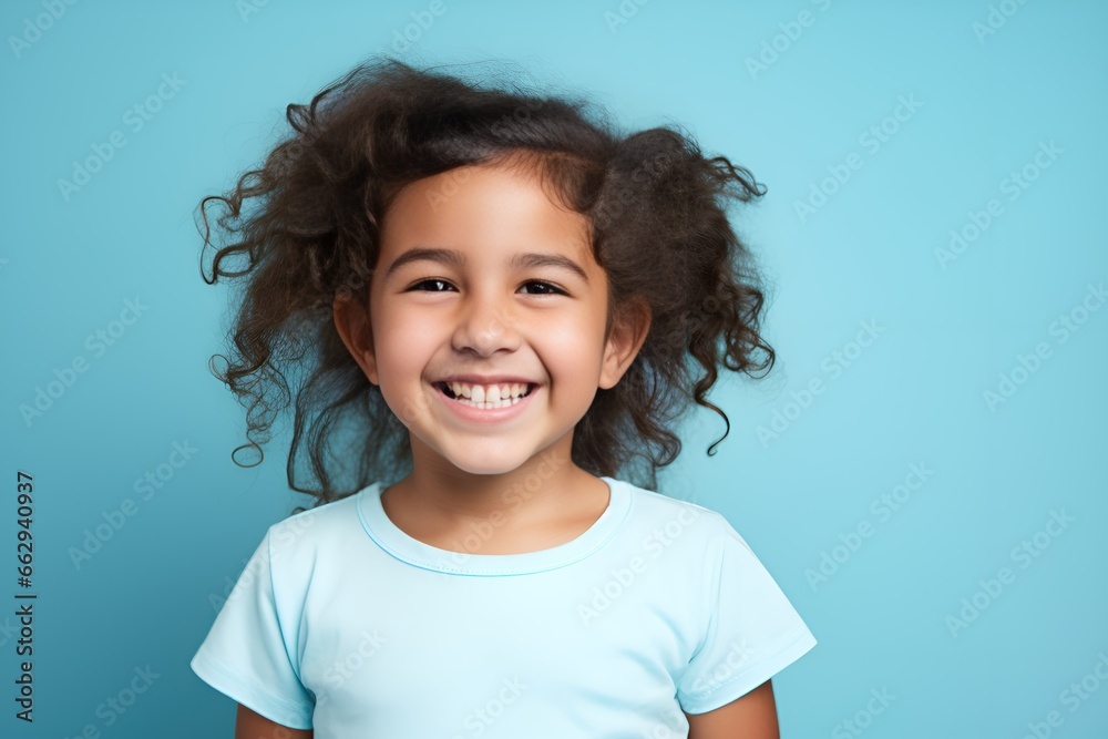 Close-Up Portrait of a Fictional Young Little Girl Smiling Candidly. Isolated on a plain colored background. Generative AI. Close-Up Portrait of a Fictional Young Little Girl Smiling Candidly. Isolated on a plain colored background. Generative AI.