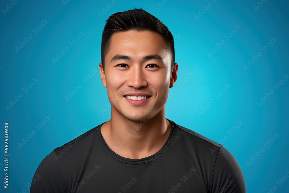 Close-Up Portrait of a Fictional Mongolian Model Wearing Casual Black T-Shirt and Smiling. isolated on a Plain Blue Background. Generative AI. Close-Up Portrait of a Fictional Mongolian Model Wearing Casual Black T-Shirt and Smiling. isolated on a Plain Blue Background. Generative AI.