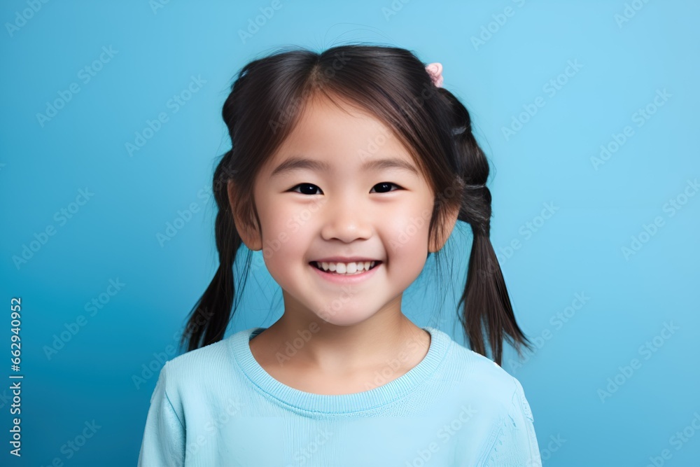 Close-Up Portrait of a Fictional Young Asian Little Girl Wearing Casual Blue T-Shirt and Smiling. isolated on a Plain Blue Background. Generative AI. Close-Up Portrait of a Fictional Young Asian Little Girl Wearing Casual Blue T-Shirt and Smiling. isolated on a Plain Blue Background. Generative AI.