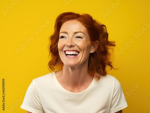 Close-Up Portrait of a Middle-Aged Redhead Woman Laughing. Isolated on a plain colored background. Generative AI.