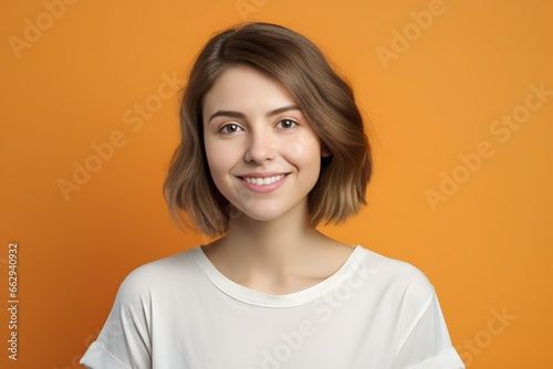 Close-Up Portrait of a Beautiful Fictional Lady Model Wearing Casual Blank T-Shirt and Smiling. isolated on a Plain Orange Colored Background. Generative AI.