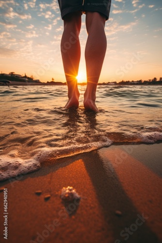 Footprints in the Sand: A Person's Feet Stand on the Ocean Beach, Embracing the Freedom of a Holiday Vacation, Reveling in Carefree Moments of Leisure