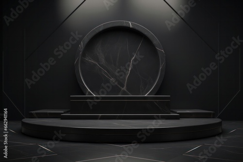 3d render of black marble podium for cosmetics and product photography
