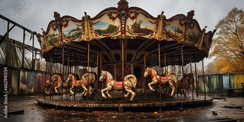 Abandoned amusement park, a gust of wind magically brings a carousel to life , concept of Desolation © koldunova