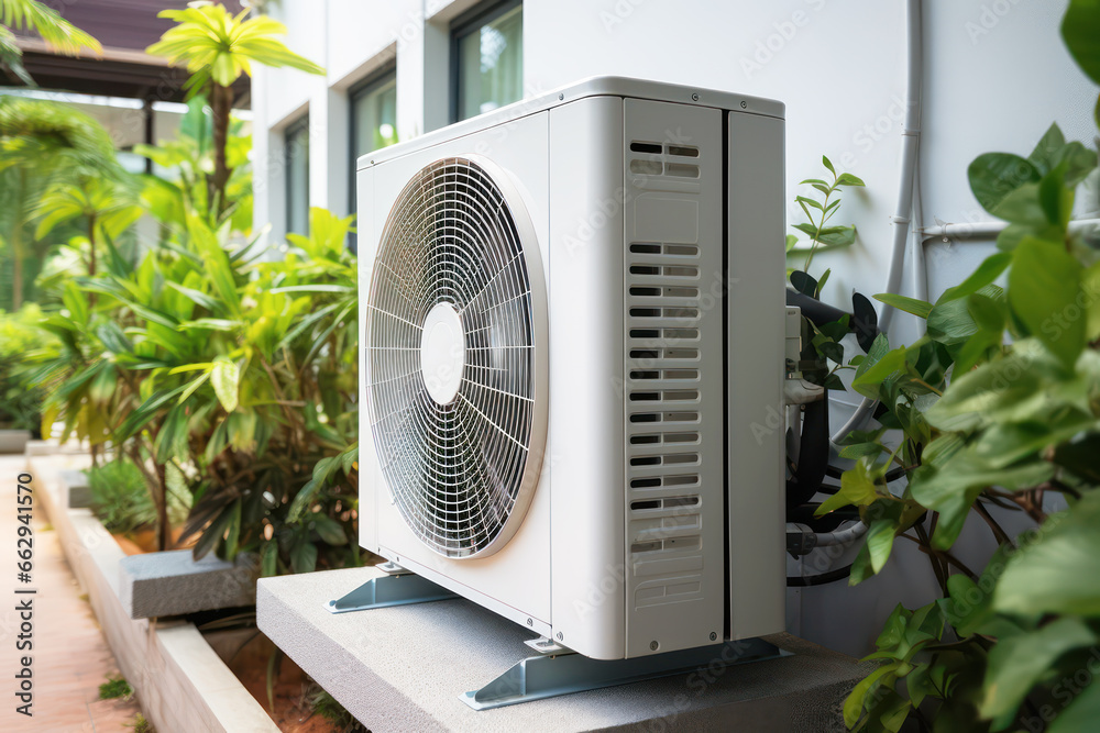 Heizungsgesetz - an einer Aussenfassade aufgestellte Wärmepumpe, Symbolfoto erzeugt mit Generative AI Heizungsgesetz - an einer Aussenfassade aufgestellte Wärmepumpe, Symbolfoto erzeugt mit Generative AI