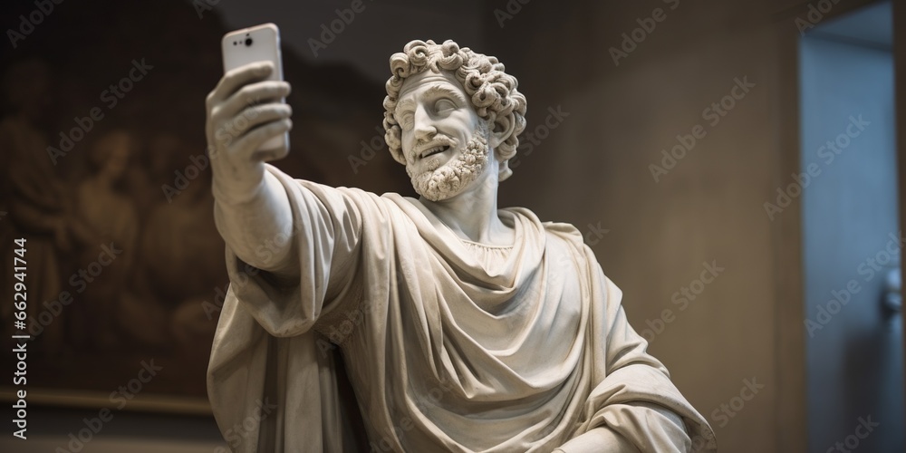 Antique stone statue taking selfie on phone , concept of Vintage art - obrazy, fototapety, plakaty 