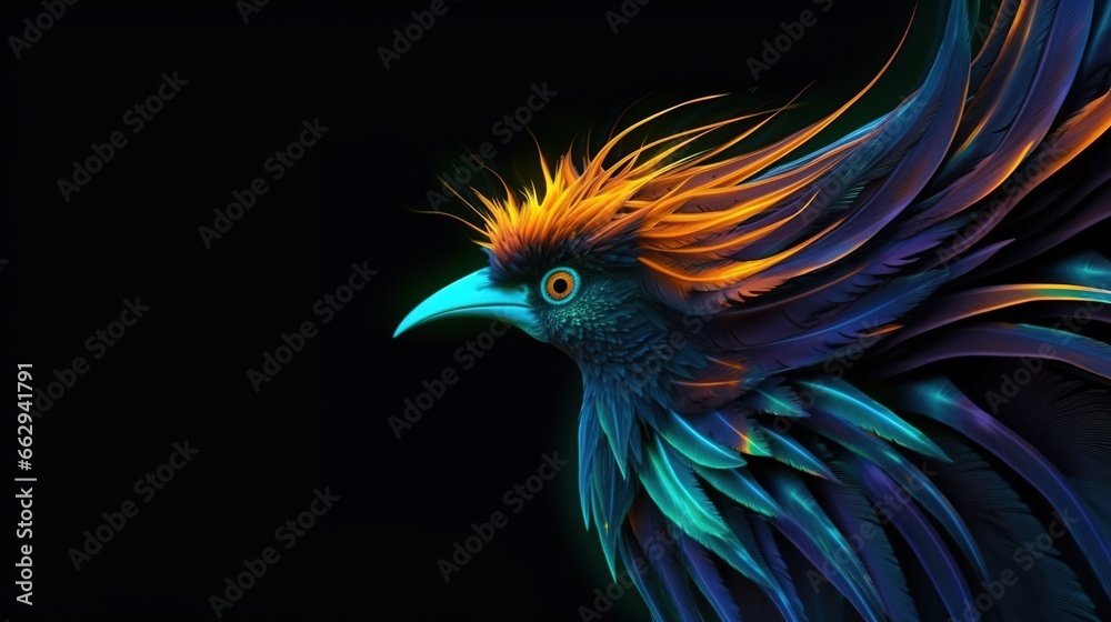 Profile of an unreal bird on a black background. Illustration for cover, card, postcard, interior design, banner, poster, brochure or presentation. Profile of an unreal bird on a black background. Illustration for cover, card, postcard, interior design, banner, poster, brochure or presentation.