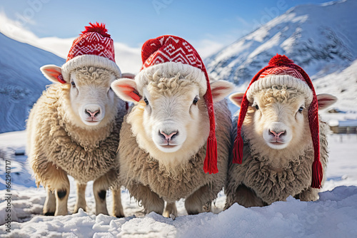 Drei Schafe mit wärmender, roter Strickmütze auf dem Kopf in tiefverschneiter Winterlandschaft. Generative AI photo