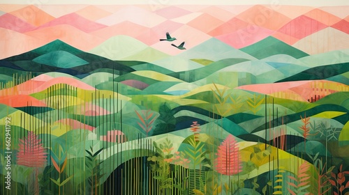  a painting of a colorful landscape with birds flying over it. generative ai