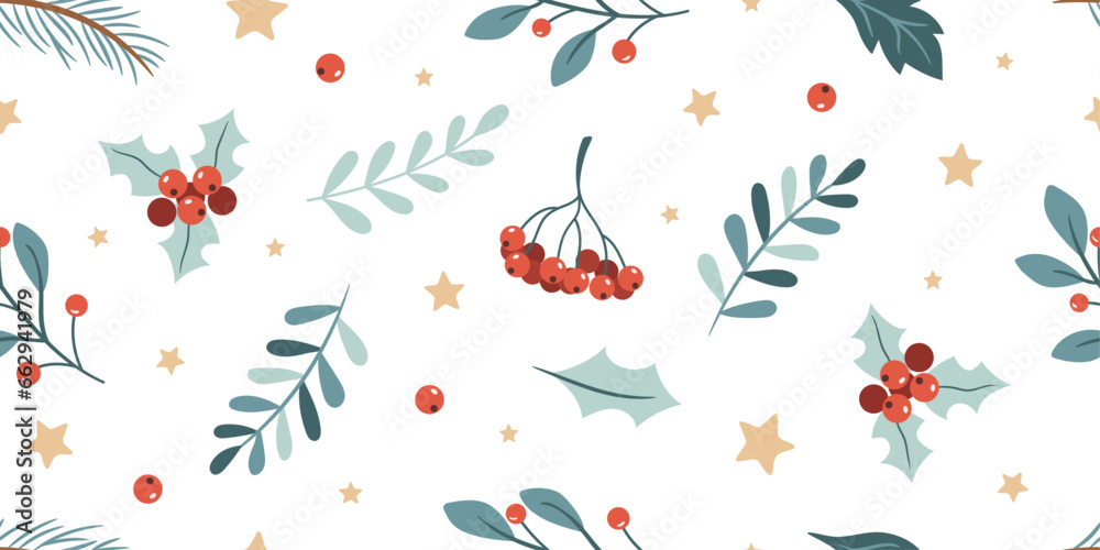 Christmas pattern with berries, stars and leaves Christmas pattern with berries, stars and leaves