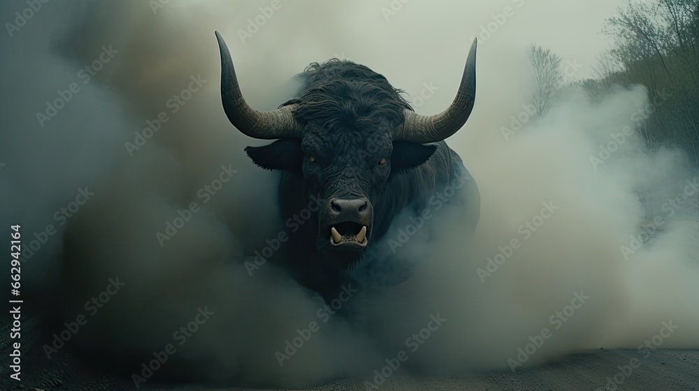 Naklejka premium A fearsome bull from another world. A demonic bull running towards us.