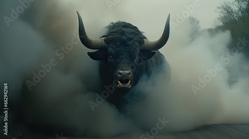 A fearsome bull from another world. A demonic bull running towards us.