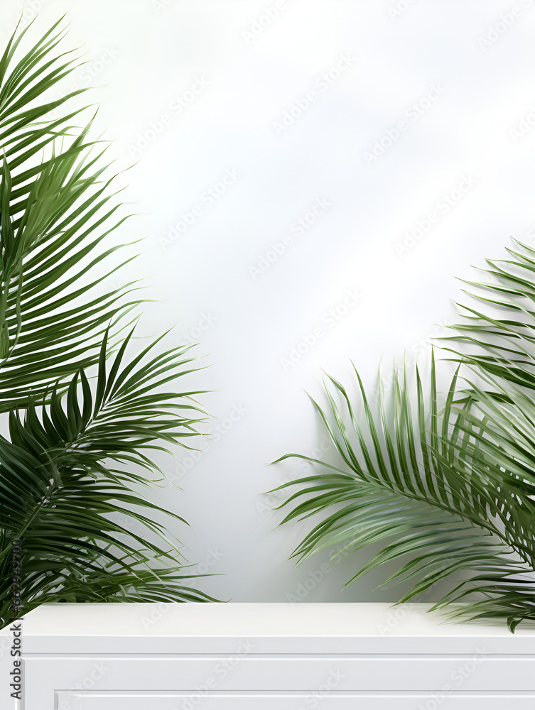 Minimalistic white mock up shelf scene with a green palm tree leaves, product presentation concept 