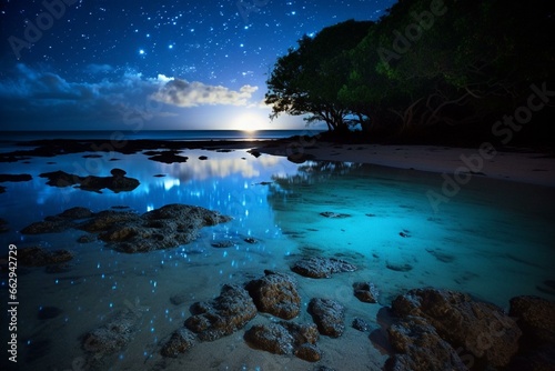 Shimmering stars illuminate a serene beach in the moonlight. Generative AI