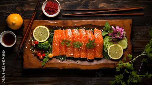 Salmon sashimi served with funchosa, lemon and soy sauce on wooden table, flat lay, top view photo