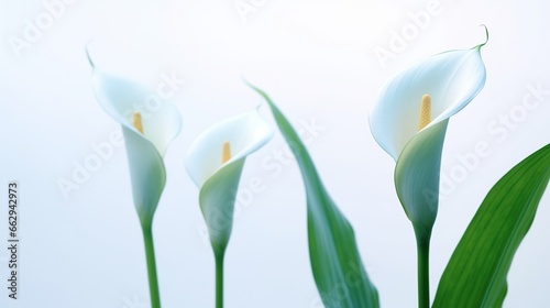 Zantedeschia aethiopica, commonly known as calla lily and arum lily. Beautiful blooming flowers with green leaves. Illustration for cover, card, postcard, interior design, brochure or presentation.