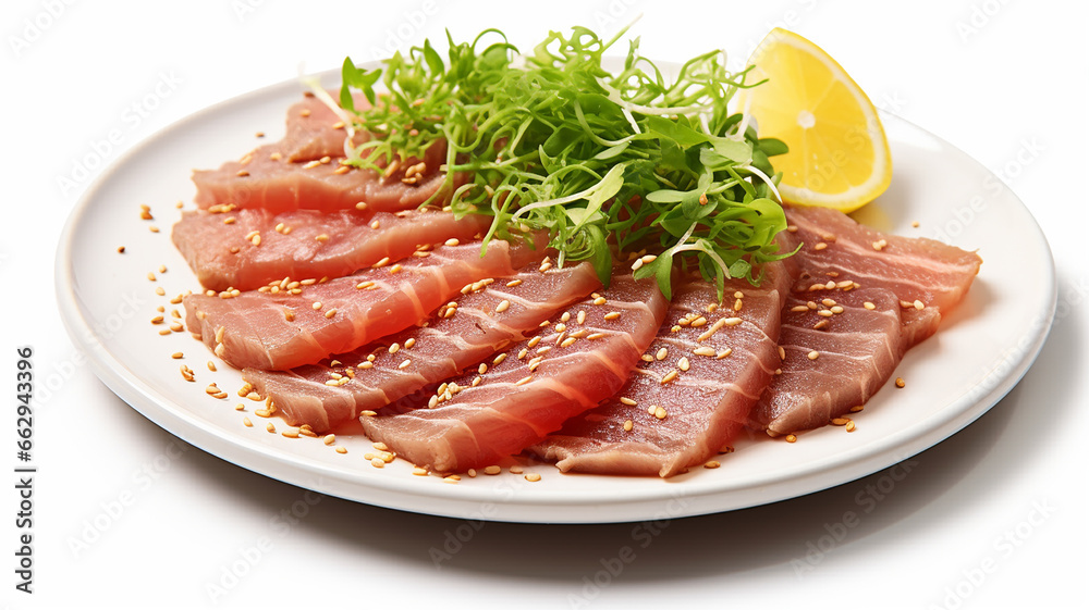 restaurant dish slices tuna pieces on a white background
