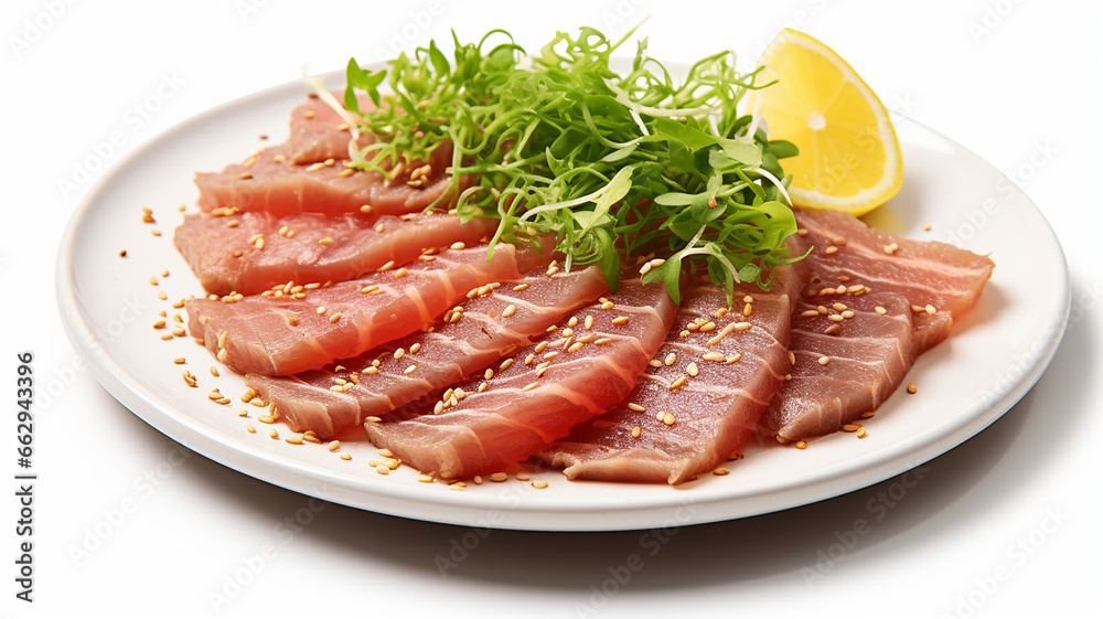 restaurant dish slices tuna pieces on a white background restaurant dish slices tuna pieces on a white background