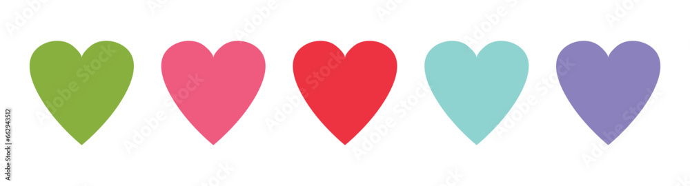 Set of isolated green, pink, red, blue and purple hearts  on white background for icons, fabrics, posters, webs, wrapping, notebooks
