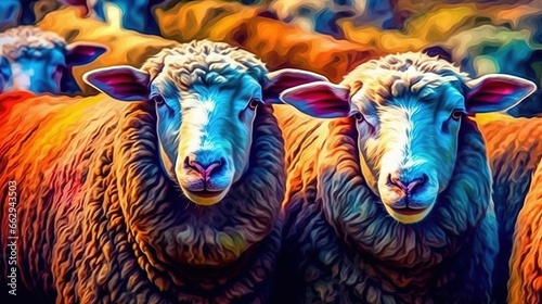 Sheep graze in the field. Farming industry. Group of lambs in nature environment. Illustration for banner, poster, cover, brochure or presentation.