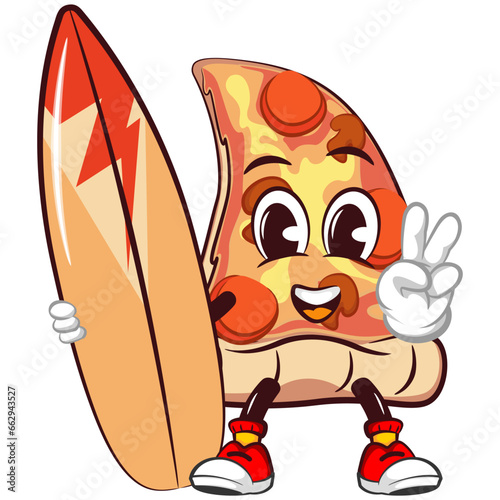 vector mascot character of a slice of pizza carrying a surfboard