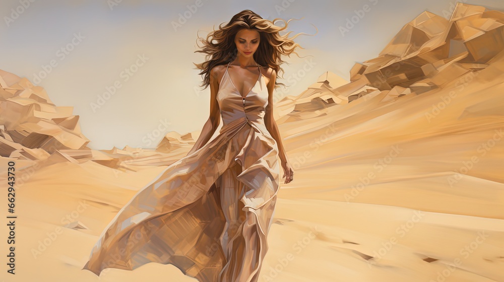 illustration of a woman wearing elegant long ball gown walking in desert, Generative Ai illustration of a woman wearing elegant long ball gown walking in desert, Generative Ai