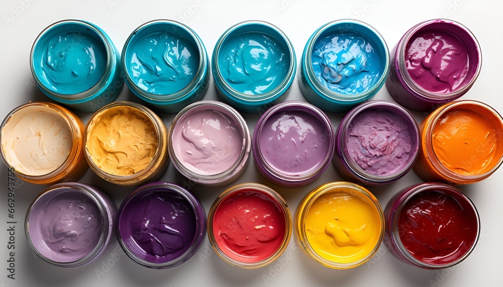 Top view of multi-coloured paints Top view of multi-coloured paints