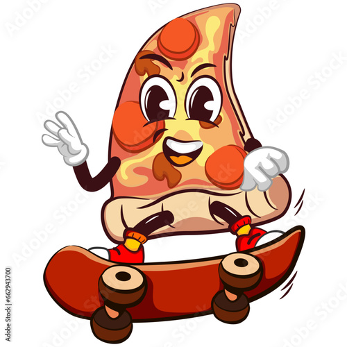 vector mascot character of a slice of pizza sliding on a skateboard