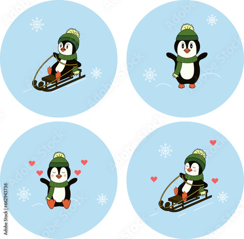 Winter penquins sledging set. Set of animal illustrations