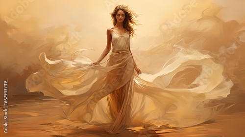 illustration of a woman wearing elegant long ball gown walking in desert, Generative Ai photo