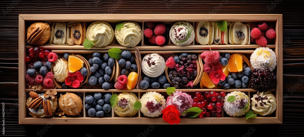top view of many cupcake and fresh fruit in different style box set,  Generative Ai	
