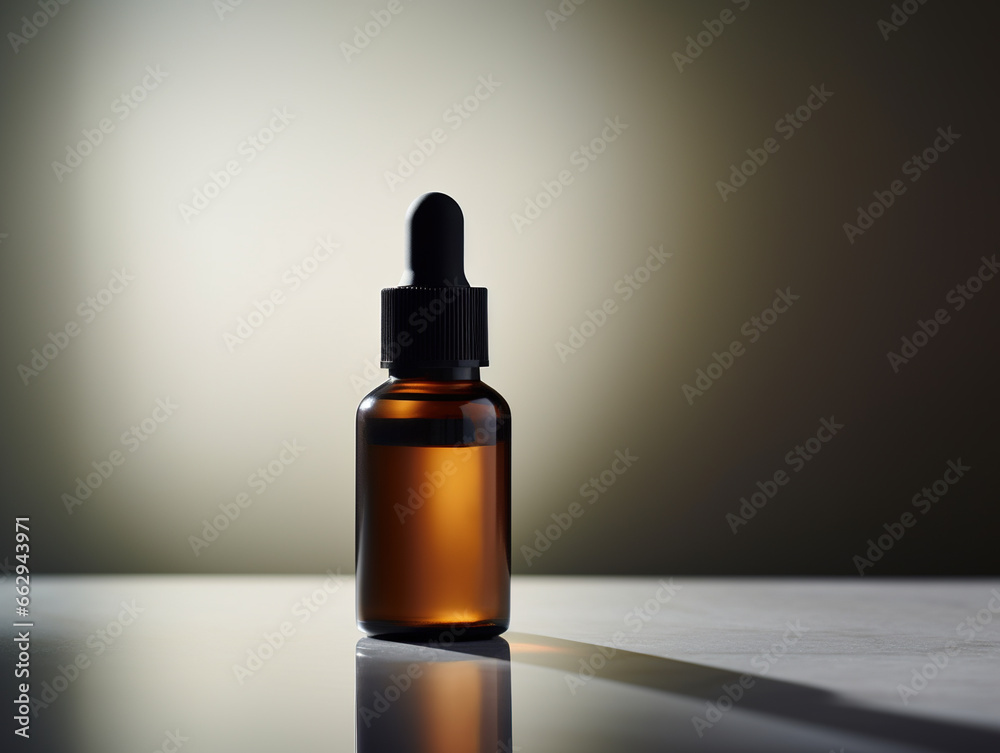 Face serum in dark glass bottle on table Face serum in dark glass bottle on table